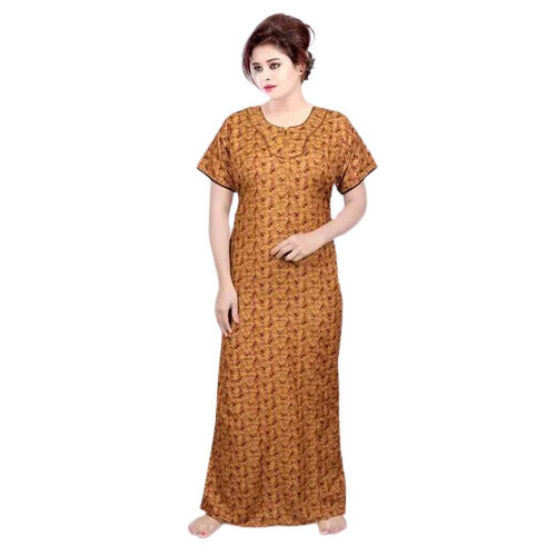 Ladies Premium O Neck Printed Brown Cotton Nighty