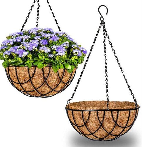 Brown Round Shape Heavy Chain Hanging Coir Basket