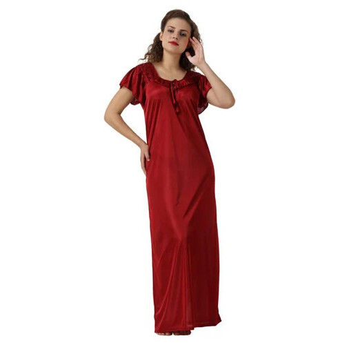 Ladies Plain Maroon Satin Long Night Gown