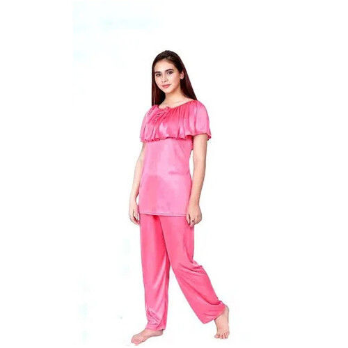 Ladies Short Sleeve Satin Pink Night Dress