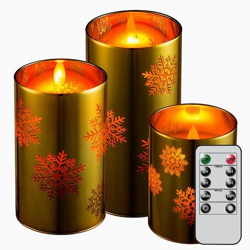 Real Wax Glass Led Candle Set - Snowflake (D3"xh4"5"6")