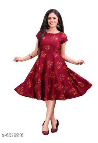 Poly Crepe Short Sleeves Printed Multi-colour Ladies Anarkali Dress