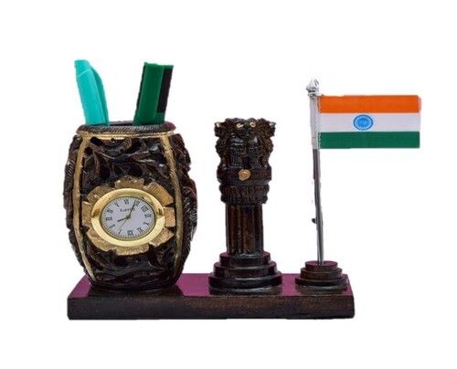 Complete Finish Black Wooden Ashok Stambh Pen Stand With Indian Flag And Clock