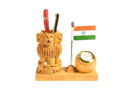 Light Brown Wooden Clock Pen Stand with Ashok Stambh and Flag for Office/Study  Table Stylish I Gift, Gifts for Men, Women, Office Desk Colleagues