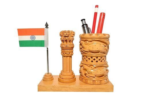 Light Brown Wooden Clock Pen Stand with Ashok Stambh and Flag for Office/Study  Table Stylish I Gift, Gifts for Men, Women, Office Desk Colleagues