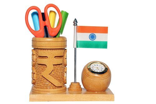 Complete Finish Rupees Sign Brown Wooden Pen Stand With Flag And Clock