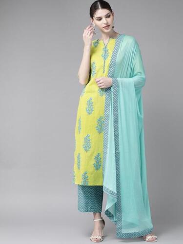 Green Printed Cotton Straight Salwar Kameez With Dupatta