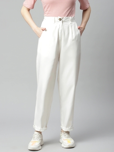 Casual Wear Ladies Trousers Ivory White, Washable Cotton Blend