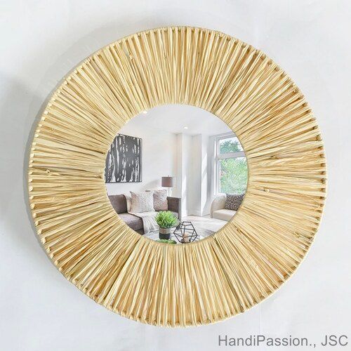 Brown Round Elephant Grass Frame Mirror Home Decoration Wall Decor