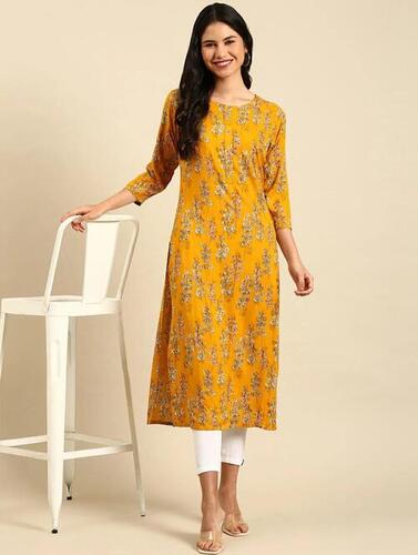 Ladies Cotton Yellow Printed Long Kurta