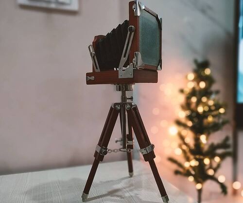 Brown Wood Vintage Camera Pop Culture Curio Tripod