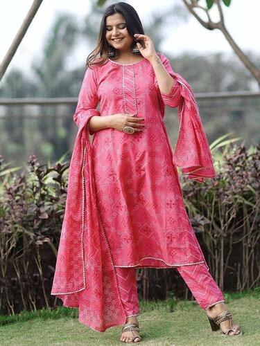 Pink Printed Cotton A-Line Kurti With Palazzo And Dupatta