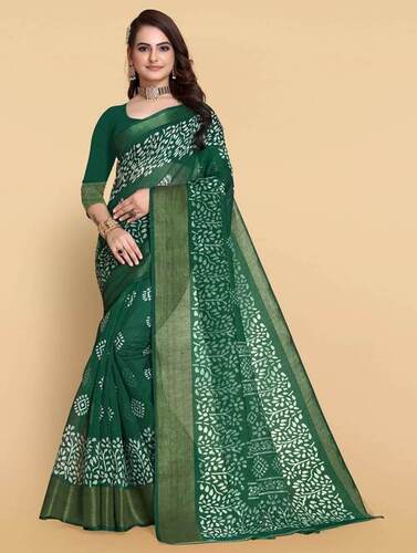 Ladies Green Printed Batik Sarees