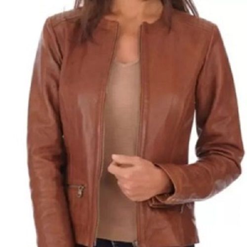 Ladies Round Neck Leather Jacket