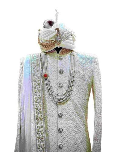 Mens Designer Wedding Sherwani - Premium Silk, Cream Color with Embroidered Detailing | Easily Washable, Comfortable for Summer Wear