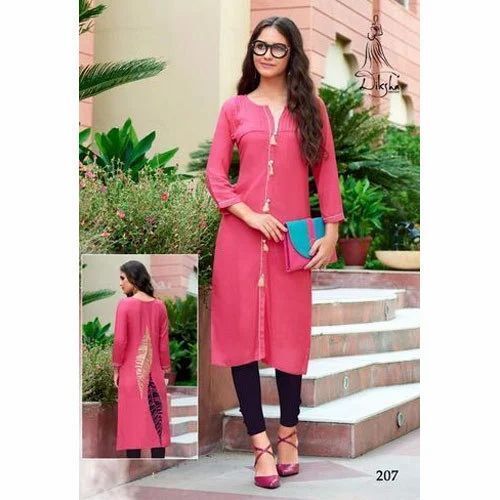 A Line Cotton Kurti - Body Fit, 3-4th Sleeve, Plain Design | Washable, Comfortable, Customized Sizes for Formal Occasions