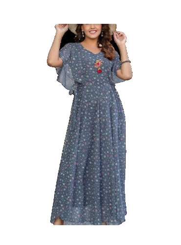 Casual Wear Regular Fit Half Sleeve V Neck Readymade Printed Ladies Kurtis