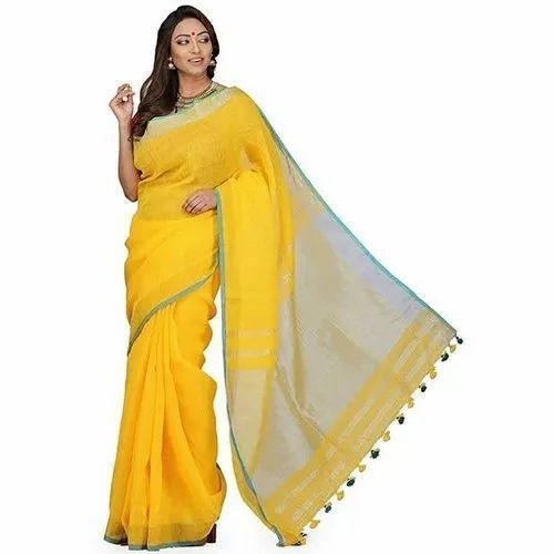 Party Wear Women Yellow Cotton Silk Saree