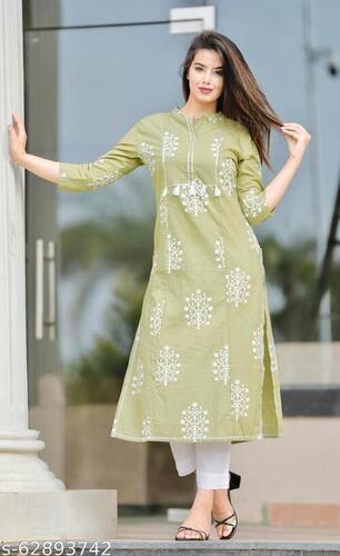 Ladies Cotton Kurti - Printed Designer Casual Wear , Trendy 3-4th Sleeve, Washable Fabric, Customized Size, Various Colors for Summer