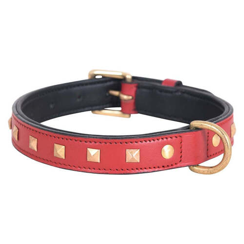 Red Studded Leather Dog Collar