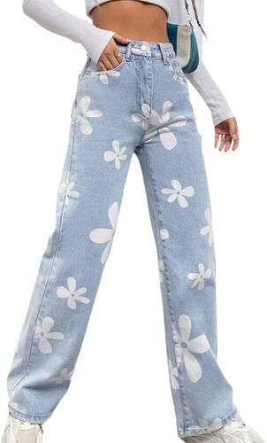 Womens Floral Print High Waist Straight Leg Jeans