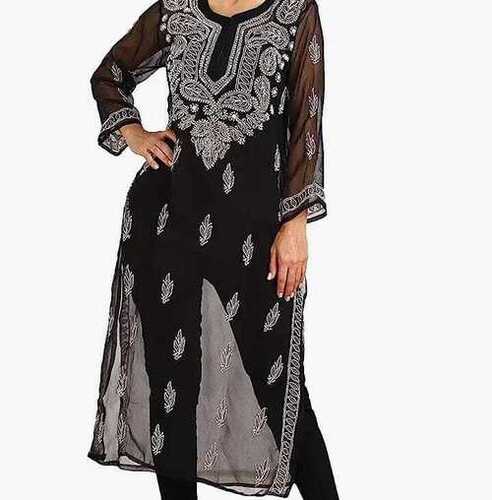 Casual Wear Regular Fit Full Sleeve Round Neck Readymade Ladies Chikan Kurtis