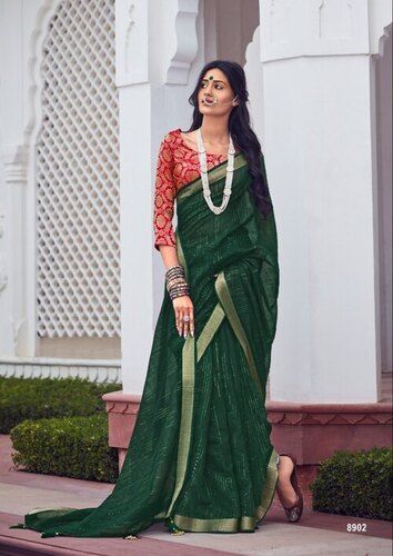 Dark Green Color Plain Pattern Ladies Saree For Party Wear