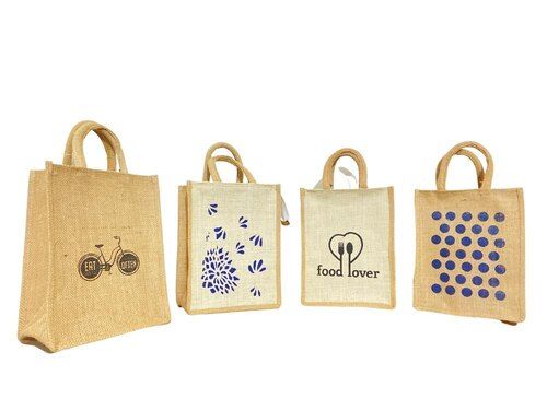 Eco-Friendly Lightweight Single Compartment Printed Jute Carry Bags With Rope Handle