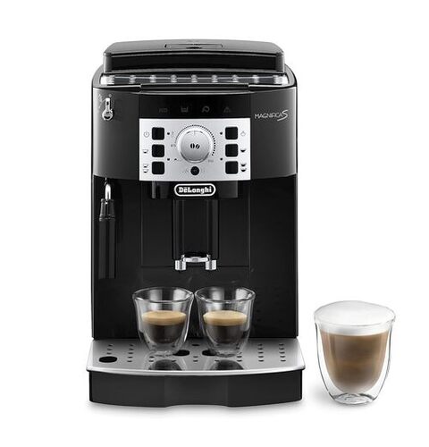 Delonghi Magnifica S - Stainless Steel , Black Glossy Body with Silver Details , Twin-Shot System for Dual Espresso Cups , Manual Adjustable Milk Frother for Creamy Foam , LCD Display with Soft Touch Buttons , Auto Boiling and One Hour Auto Switch Off