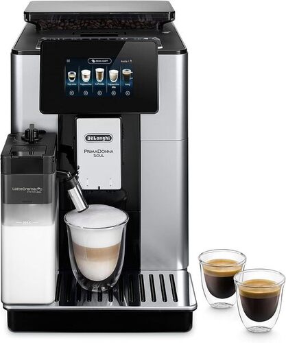 Delonghi Prima Donna - Stainless Steel, LCD Display | Advanced Coffee Customization, LatteCrema System, Dual Heating, Quiet Grinder, Touchscreen Control