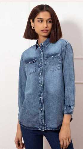 Casual Wear Full Sleeves Blue Denim Shirts For Womens