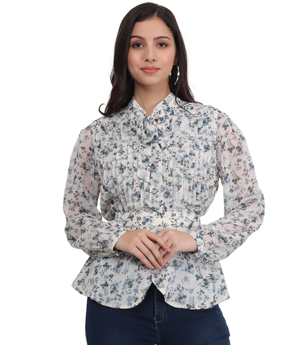 Casual Full Sleeves Printed Women Blue Print Top