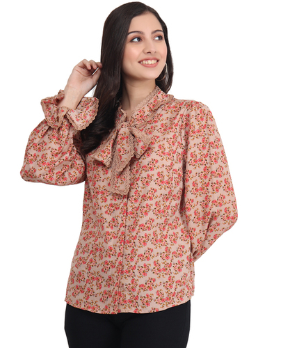 Balloon Full Sleeve Printed Women Top With Lace And Tie