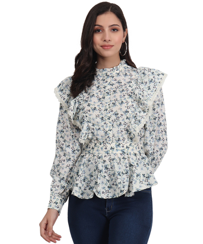 Full Sleeves Printed Women Blue Print Top