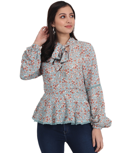 Casual Balloon Full Sleeve Floral Print Women Brown Print Top With Neck Tie