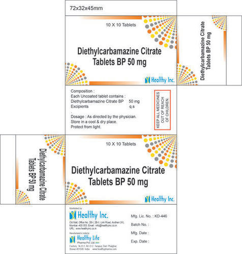 Diethyl Carbamazine Tablets BP 50mg, 10x10 Tablets Blister Pack