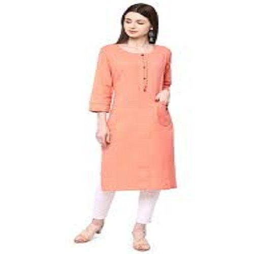 Casual Wear Regular Fit 3/4th Sleeve Round Neck Readymade Plain Ladies Kurtis