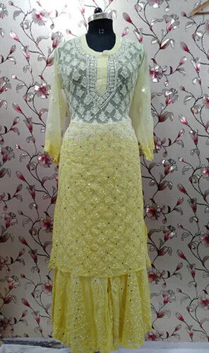 Mirror Work Lucknowi Chiffon Booti Jall Kurti