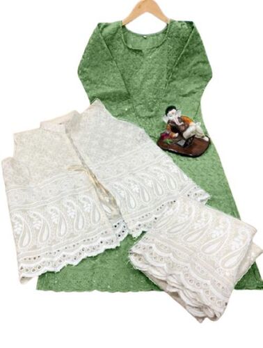 Green And White Chikankari Kurti Plazzo Set