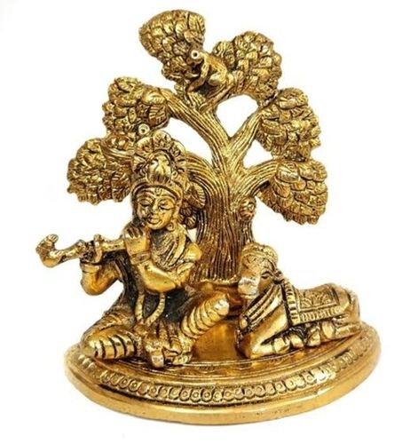 Brass Shri Krishna with Kamdhenu Cow Idols Statue