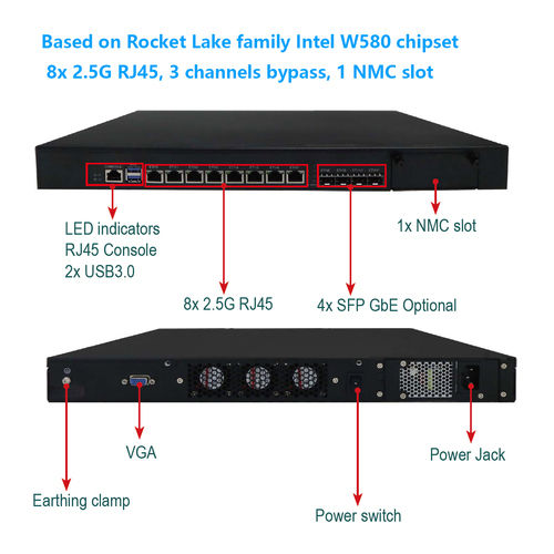 1u/2u Network Cyber Security Appliance Based Intel W580 Chipset Socket LGA1200/H5 CPU 8x LAN 1x NMC