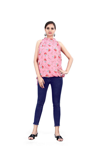 Ladies Multicolor Printed Sleeveless Casual Georgette Top