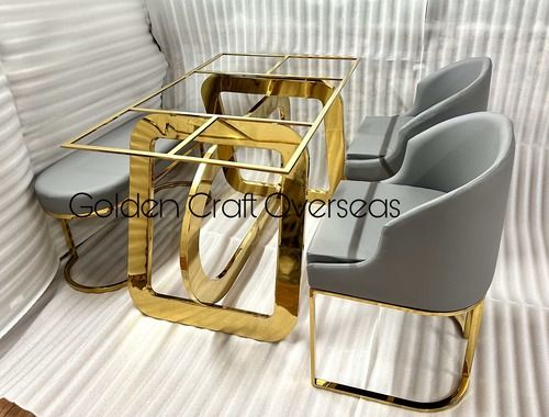 PVD Coated Dining Table Set With Chair And Bench In Stainless Steel With Gold Glossy Finish