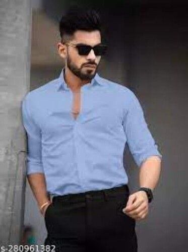 Mens Full Sleeve Blue Plain Formal Wear Shirts