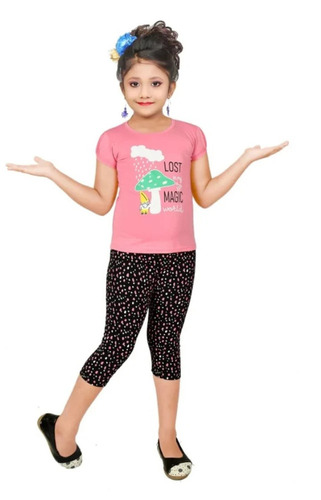 Round Neck Short Sleeves Printed Pattern Kids Girls T Shirt