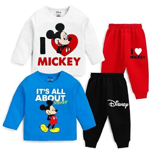 Kids Night Wear Full Sleeves Disney Boy Cotton T-Shirts and Pyjamas Set