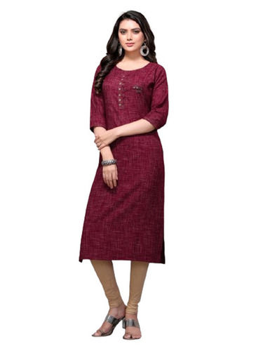 Casual Wear Regular Fit 3/4th Sleeve Round Neck Breathable Readymade Plain Ladies Kurtis