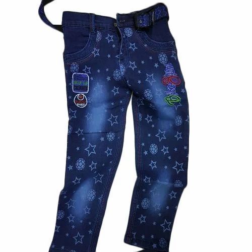 Blue Printed Denim Jeans For Boys