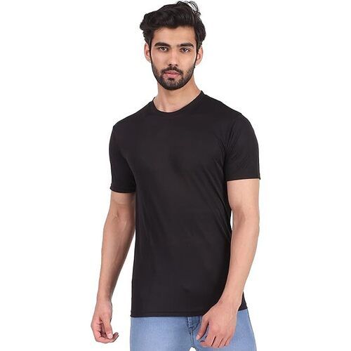 Black Color Round Shape Plain Pattern Casual T Shirts