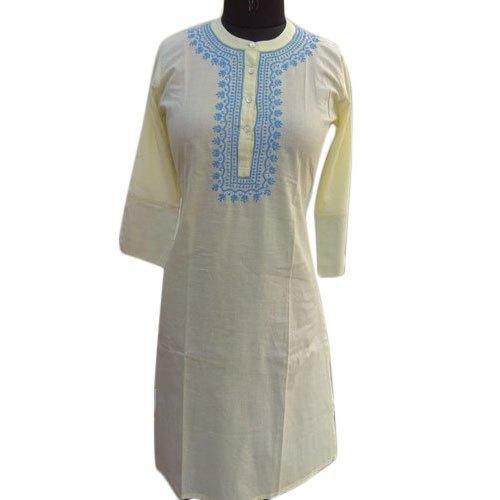 Cotton Kurti - Long Regular Fit with Round Neck, Off White Color, 3-4th Sleeves | Quick Dry, Washable, Breathable for Casual Summer Wear